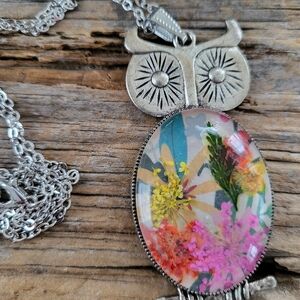 Silver toned Owl Pendant Necklace with Multicolor Floral Design